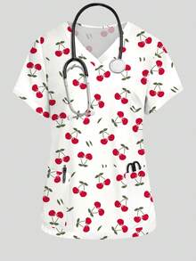 PopScrub 櫻桃印花白色女護士制服上衣，春夏時尚V領短袖雙口袋設計側開衩工作服，可愛女款刷手服上衣，制服上衣 - 彩色 - 查看 1