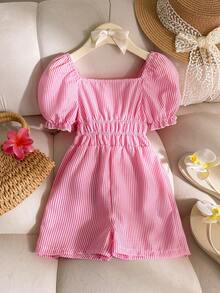 Genkimix Kids Girls' Simple Pink & White Striped Square Neck Petal Sleeve Romper Shorts, Summer Casual Wear - Baby Pink - View 2