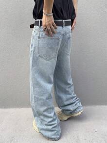 Manfinity Roghcode Men's Summer Light Wash Blue Distressed Denim Long Pants Street Loose Fit - Light Wash - View 2