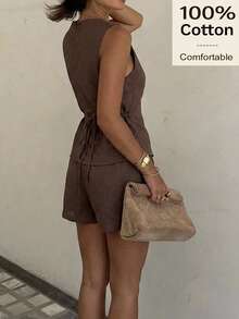 Siren Gaze Summer Fall 100% Cotton Women Brown Round Neck Pleated Top And Shorts Casual Sets Elegant Y2k Holiday Vacation Boho Western  Ruffle Peplum Pleated - Brown - View 3