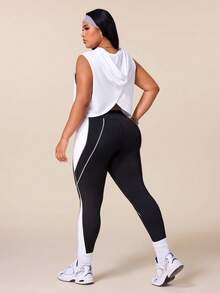 SHEIN Rhythm Era 女款運動瑜珈戶外健身運動套裝，抽繩連帽無袖寬鬆運動衫，胸前弧形對比色設計，緊身運動褲配條紋與色塊對比 - 彩色 - 查看 2