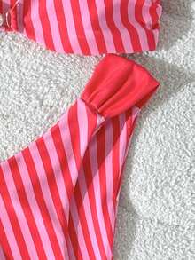 Swim Vcay Women's Sexy Tropical Wireless Bikini Set With Small Pearl Buckle Link Accents And Flag Pattern Patchwork, Spring/Summer Beach Party Red Stripe - Pink - View 5