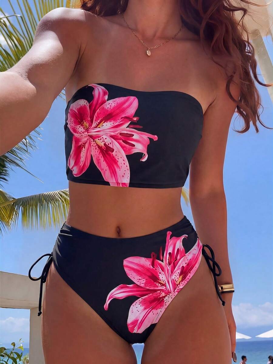 Swim Vcay 女士两件套热带碎花抹胸露脐上衣和高腰短裤比基尼套装，休闲沙滩派对比基尼 - 彩色 - 查看 1