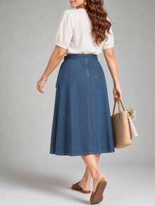 EMERY ROSE Plus Size Women's Casual Everyday Denim Skirt With Cashew Embroidery Pattern - Medium Wash - View 2
