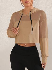 SHEIN Sovereign Charm 女款素色長袖抽繩連帽衛衣 - 卡其色 - 查看 3