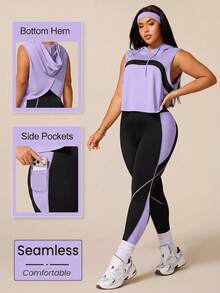 SHEIN Rhythm Era 女款運動瑜珈戶外健身運動套裝，抽繩連帽無袖寬鬆連帽衫，胸前弧形對比色設計，線條與色塊對比緊身褲 - 彩色 - 查看 2