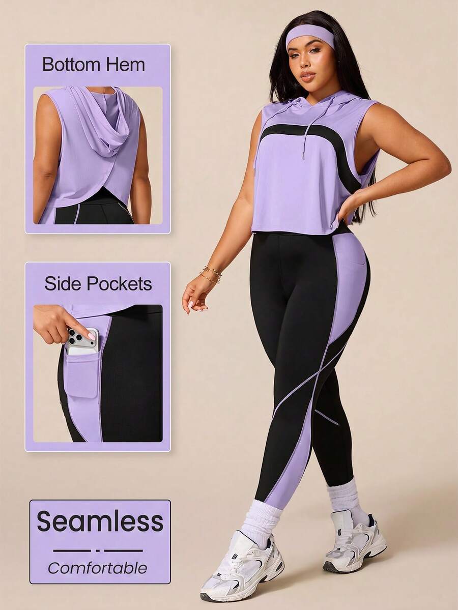 SHEIN Rhythm Era 女款運動瑜珈戶外健身運動套裝，抽繩連帽無袖寬鬆連帽衫，胸前弧形對比色設計，線條與色塊對比緊身褲