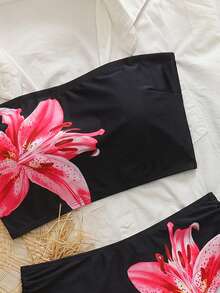 Swim Vcay 女士两件套热带碎花抹胸露脐上衣和高腰短裤比基尼套装，休闲沙滩派对比基尼 - 彩色 - 查看 4