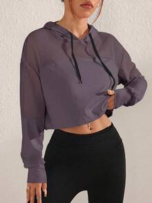 SHEIN Sovereign Charm 女款純色長袖抽繩連帽運動運動衫 - 淺灰紫 - 查看 6
