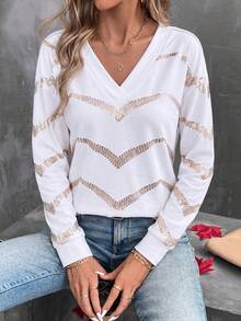 SHEIN 女款秋冬新款熱銷漸層波浪條紋印花休閒百搭層次感V領長袖T恤 - 彩色 - 查看 4