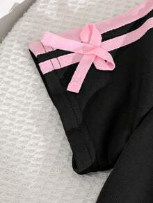 SHEIN Playful Pals 女童春夏休閒新款T恤套裝，雙條紋編織緞帶3D蝴蝶結裝飾圓領插肩袖T恤上衣搭配休閒長褲，2件套，適合日常穿著、上學、外出、度假、運動、派對、節日，春夏穿搭 - 黑色 - 查看 7