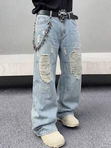 Manfinity Roghcode Men's Summer Light Wash Blue Distressed Denim Long Pants Street Loose Fit - Light Wash - View 3