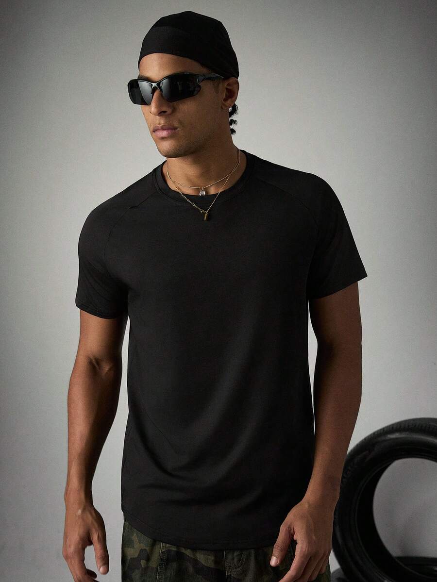 Sport MetroGents Men Solid Raglan Sleeve Sports Tee,Black Gym Tee Summer Athleisure Compression Shirt,Fitted Short Sleeve Active Workout Tops,Breathable Lightweight - Black - View 1