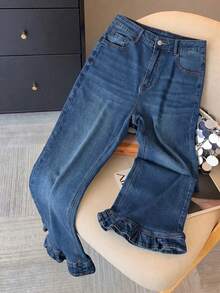GlowEve CURVE Plus Size Casual Washed Ruffle Hem Jeans - Dark Wash - View 3