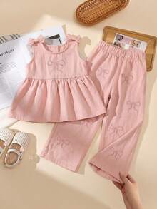 SHEIN Playful Pals 女童新款粉色水洗休閒修身可愛蝴蝶結刺繡牛仔吊帶上衣與寬鬆牛仔褲兩件套，柔軟舒適面料，女童時尚必備，適合春夏，簡約百搭風格，完美適用於日常穿搭、拍照、購物、外出、聚會，2026春夏新品 - 粉色 - 查看 3