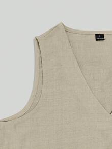 SHEIN Tall 女款純色V領百褶上衣與長褲休閒日常套裝 - 卡其色 - 查看 6