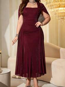 Modelyn Elegant Mesh Shiny Fabric Strapless Shawl Sleeve Slim Fit Regular Spring/Autumn Plus Size Dress - Burgundy - View 3