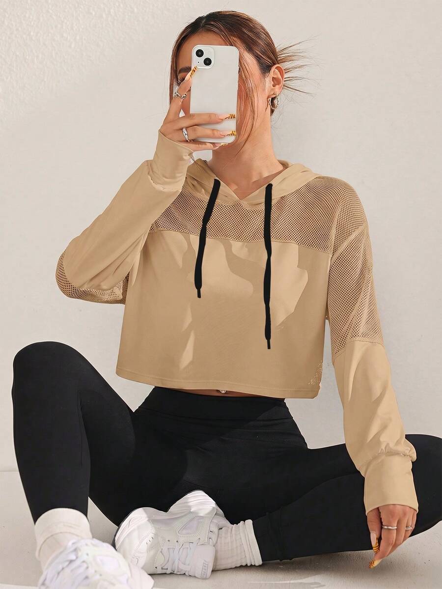 SHEIN Sovereign Charm 女款素色長袖抽繩連帽衛衣 - 卡其色 - 查看 1