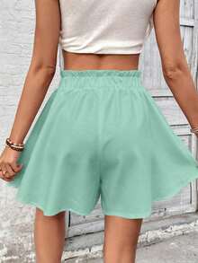 EMERY ROSE Plus Size Mint Green Solid Paperbag Ruffle Waist Drawstring Elastic Flowy Skort Wavy Hem Wide Leg Casual Summer Beach Shorts - Multicolor - View 2