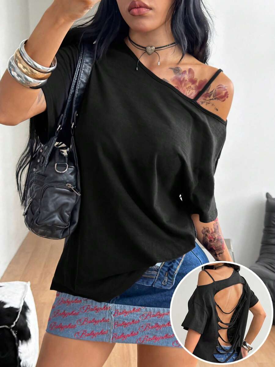 Coolane 黑色針織女款不對稱肩美式辣妹風露背T恤