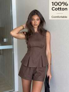 Siren Gaze Summer Fall 100% Cotton Women Brown Round Neck Pleated Top And Shorts Casual Sets Elegant Y2k Holiday Vacation Boho Western  Ruffle Peplum Pleated - Brown - View 6