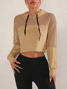 SHEIN Sovereign Charm 女款素色長袖抽繩連帽衛衣 - 卡其色 - 查看 4