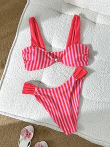 Swim Vcay Women's Sexy Tropical Wireless Bikini Set With Small Pearl Buckle Link Accents And Flag Pattern Patchwork, Spring/Summer Beach Party Red Stripe - Pink - View 6