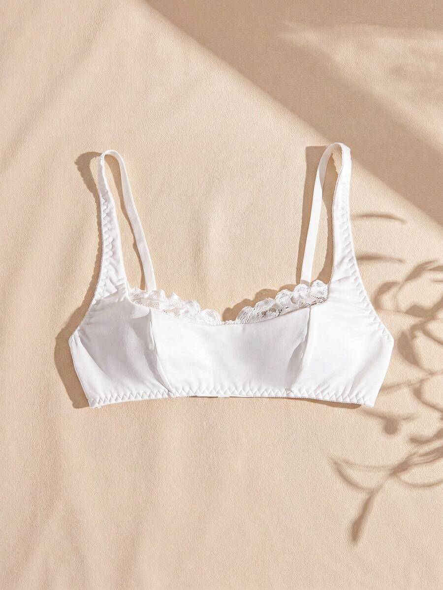 Lencería de mujer Lullawish, sujetador inalámbrico con parches de encaje romántico de unicolor - Blanco - Ver 1