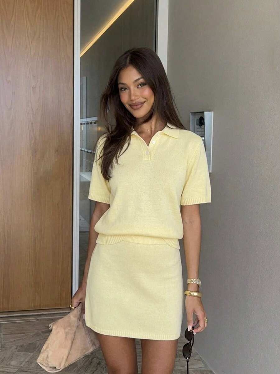 Siren Gaze 夏季/冬季街頭風 Y2K 女款奶油黃 Polo 領短袖針織上衣與針織裙 2 件套,復古西式風格,適合外出,2000 年代風格,老錢風,低腰,度假,Y2K 節慶,假期,性感街頭風,Rave,西式風格,復古,修身,優雅 - 黃色 - 查看 1