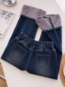 GlowEve CURVE Plus Size Women's All-Season Non-Stretch Casual Plaid Denim Jeans With Semi-Elastic Cuffs - Dark Wash - View 2