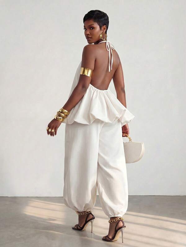 BamGlimmer Conjunto de 2 piezas para mujer de verano sexy con top halter sin espalda de color liso y pantalones largos