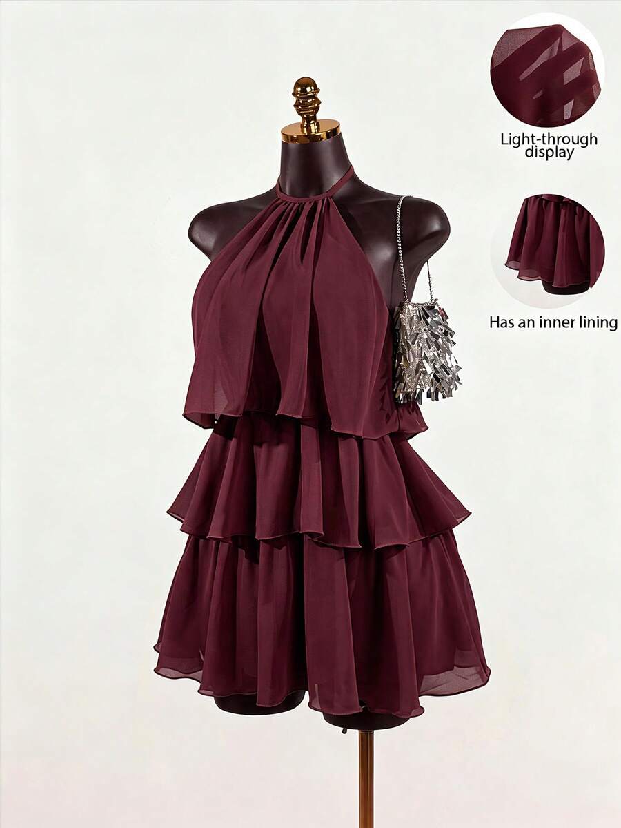 SaltGleam SaltGleam Women's Summer Elegant Solid Color Backless Halter Mini Dress - Burgundy - View 1