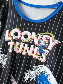 DrmWander LOONEY TUNES X SHEIN 大尺碼女款圓領字母卡通條紋印花短袖T恤 - 彩色 - 查看 3
