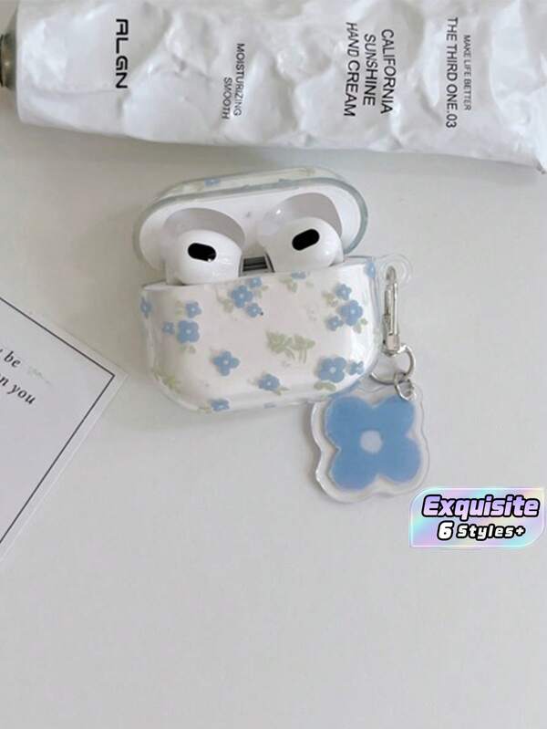 Fresh Blue Floral Clear Earbuds Case With Flower Pendant, Transparent Cover For Gen 1/2/3/4 & Pro Series