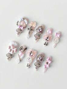 ROMWE Kawaii 10 Pcs Pink Rhinestone Bow Manicure + 3 Pieces Of Double-Sided Tape, Reusable Long Almond-Shaped False Nails, Suitable For Daily Wear. - rhinestone - View 2
