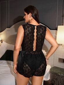 SilkySpell Plus Size Hollow Back Lace Trim Patchwork High Elastic Satin Sexy Jumpsuit - Black - View 5