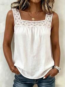 EMERY ROSE Top de alças casual para mulher em linho e algodão com renda patchwork e decote quadrado - Branco - Ver 1