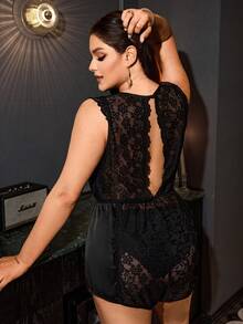 SilkySpell Plus Size Hollow Back Lace Trim Patchwork High Elastic Satin Sexy Jumpsuit - Black - View 4