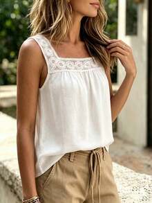 EMERY ROSE Top de alças casual para mulher em linho e algodão com renda patchwork e decote quadrado - Branco - Ver 5