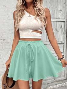 EMERY ROSE Plus Size Mint Green Solid Paperbag Ruffle Waist Drawstring Elastic Flowy Skort Wavy Hem Wide Leg Casual Summer Beach Shorts - Multicolor - View 1