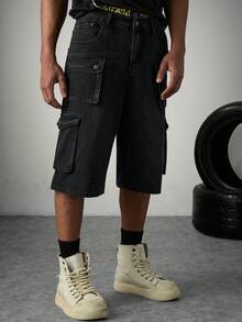 Sport MetroGents 男款口袋鈕扣休閒工裝七分寬腳牛仔褲，適合通勤與外出穿搭 - 黑色 - 查看 8