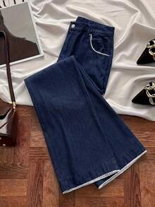 GlowEve CURVE Plus Size Fashion Lace Patchwork Button Pocket Casual Denim Jeans - Dark Wash - View 1