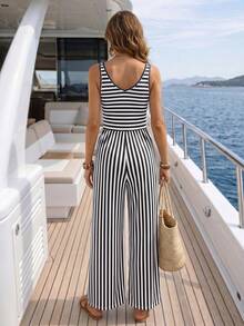 Balvessa Jumpsuit Wanita Gaya Liburan Pulau Bahari Musim Semi/Panas Desain Santai Vintage Kasual Bergaris Gaya Klasik - MultiWarna - View 2