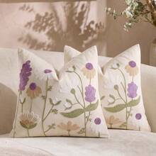Cirelle 1/2pcs Vintage Embroidered Floral Throw Pillow Cover - Cream Cushion Case With Purple Lavender And Daisy Flower Embroidery, Country Farmhouse Decorative Pillowcase For Couch Sofa Bed (No Insert) - Mauve Purple - View 9