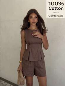 Siren Gaze Summer Fall 100% Cotton Women Brown Round Neck Pleated Top And Shorts Casual Sets Elegant Y2k Holiday Vacation Boho Western  Ruffle Peplum Pleated - Brown - View 4