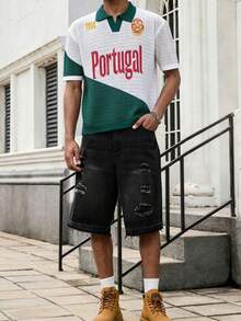 GALLERY FADE Top de punto con bloques de color, patchwork e impresión de letras para hombre - Verde Oscuro - Ver 5