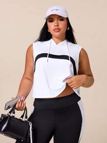 SHEIN Rhythm Era 女款運動瑜珈戶外健身運動套裝，抽繩連帽無袖寬鬆運動衫，胸前弧形對比色設計，緊身運動褲配條紋與色塊對比 - 彩色 - 查看 4