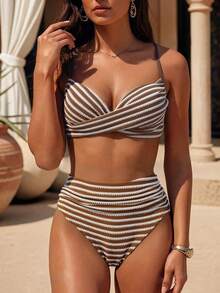 Swim Chiccia 夏季海灘度假女款條紋布料鋼圈交叉式上衣高腰抓皺泳褲 - 彩色 - 查看 1