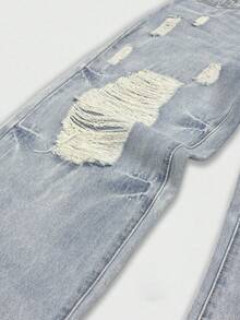 Manfinity Roghcode Men's Summer Light Wash Blue Distressed Denim Long Pants Street Loose Fit - Light Wash - View 6