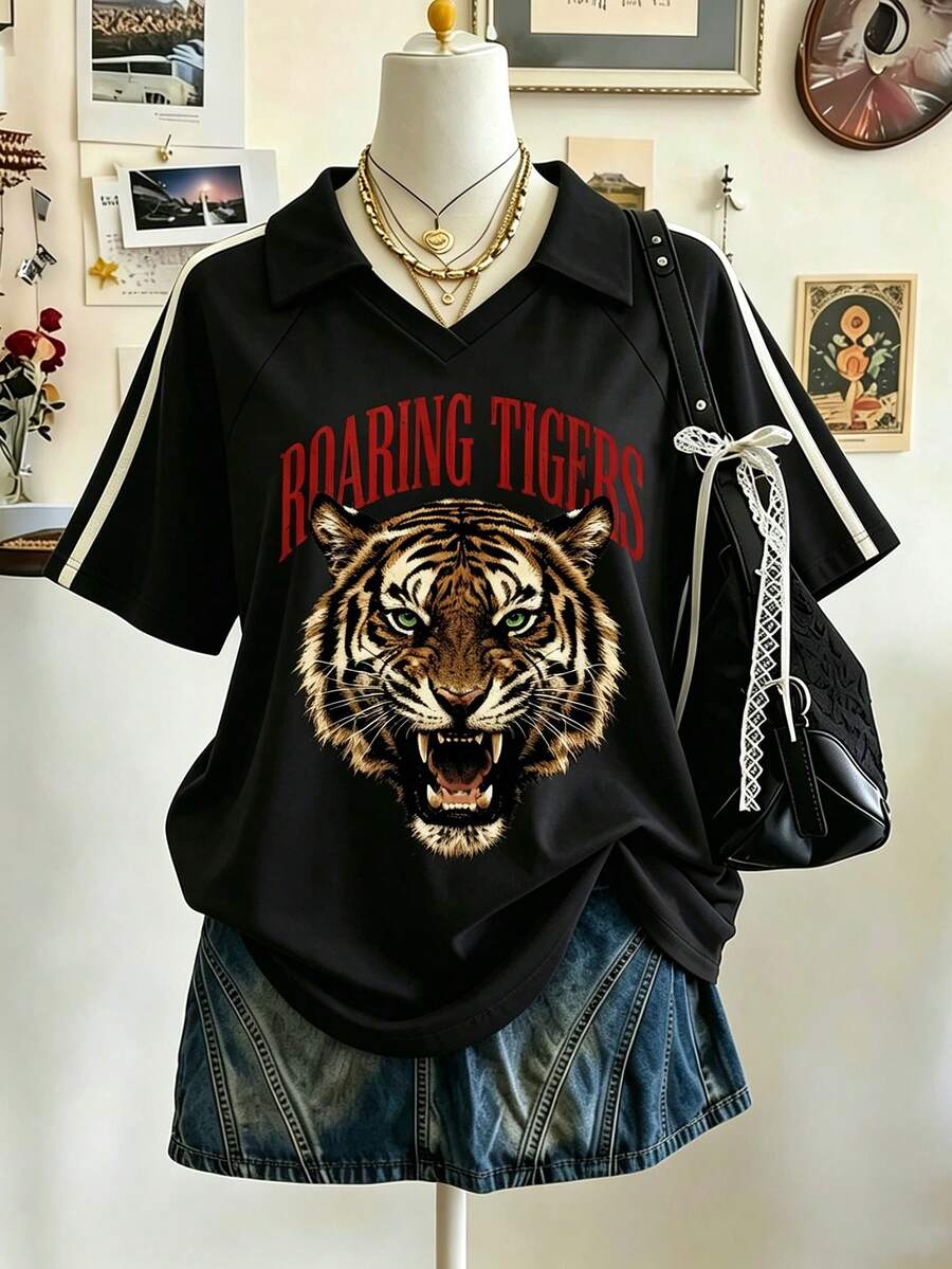 Lalippa 虎紋印花編織飾邊時尚簡約女款翻領V領落肩短袖T恤,送給朋友的禮物 - 黑色 - 查看 1